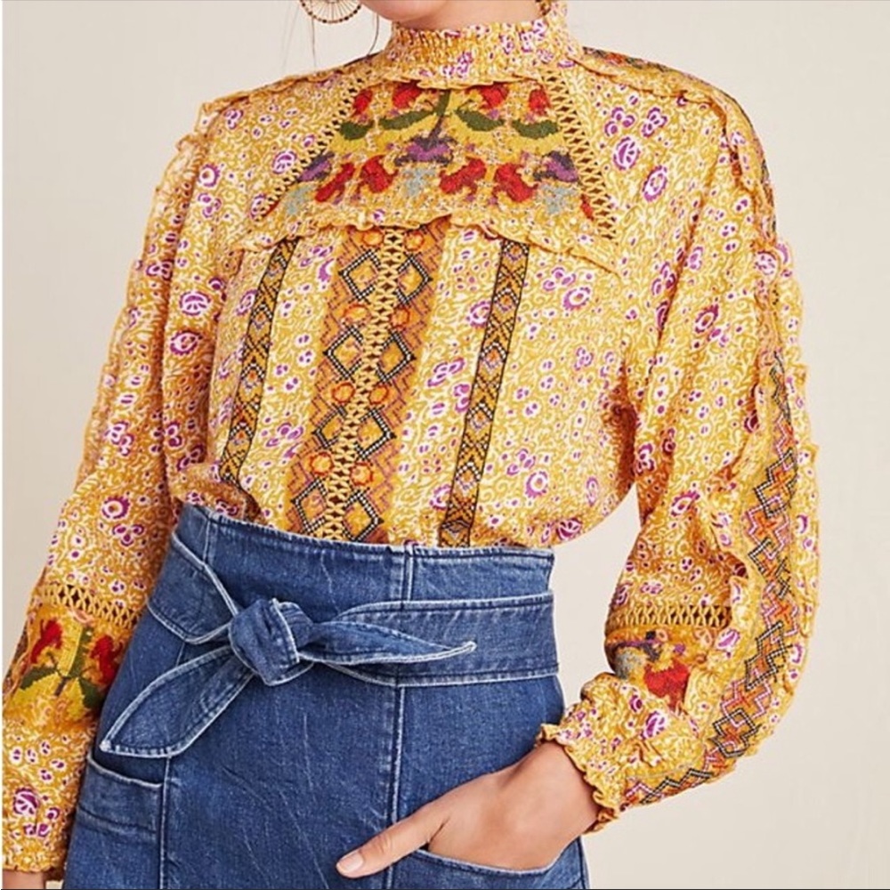 Anthropologie Maeve Goldie Embroidered Cross Stitch Yellow Blouse 4